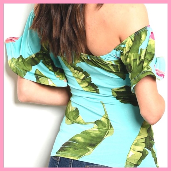 “ALMOST PARADISE” TURQUOISE PALM LEAVES TOP NEW - Picture 4 of 8